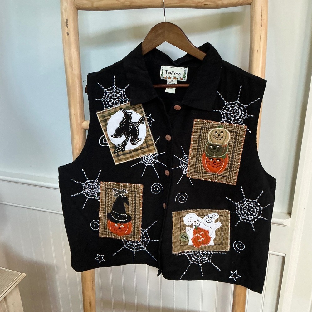 TanTrums Vintage Halloween Corduroy Vest XXL Black Witch Pumpkin Ghost Applique